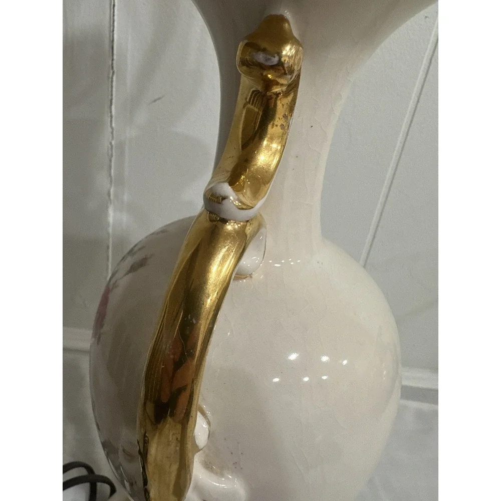 Antique Hand-Painted Porcelain Table Lamp –Floral England Urn Style, Gold Accent
